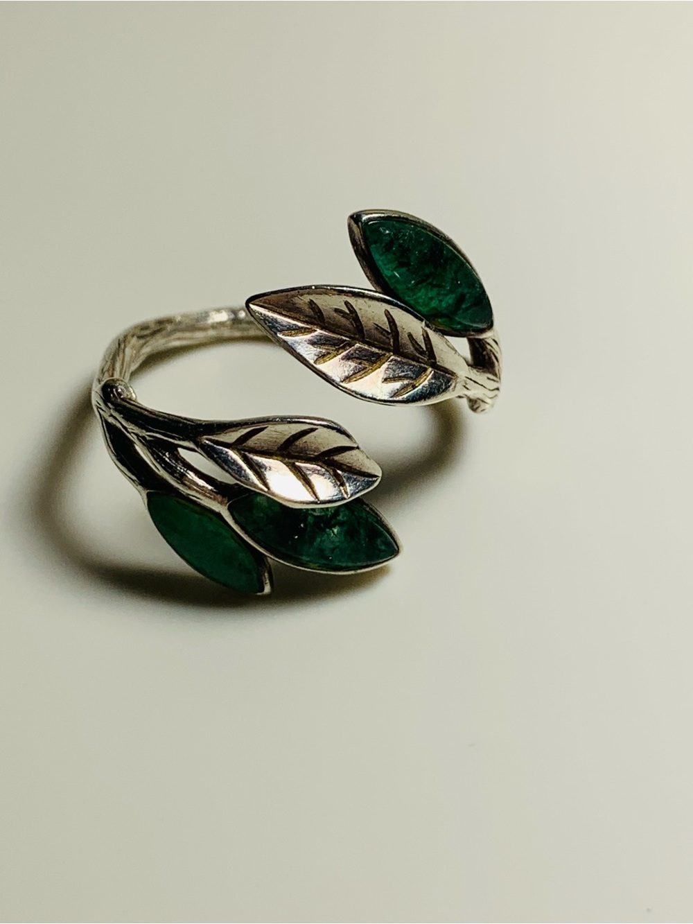 Sterling Silver Green Aventurine CZ “Spring In The Air Leaf Ring” (Adjustable)